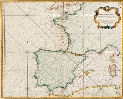 Chart of western Europe showing Paris meridian as the Prime by Jacques Nicolas Bellin