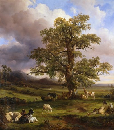 Animals Resting around a Large Oak Tree, 1842 by Jacques Raymond Brascassat