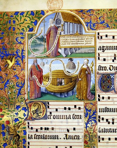 Miniatures depicting an allegorical representation of the Church and below this Moses holding the tablets of the Law with Noah
