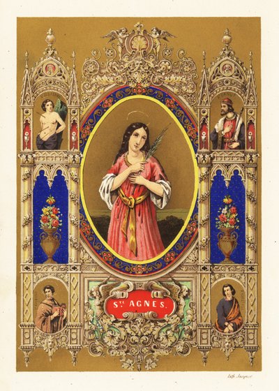 Portrait of Saint Agnes of Rome, Virgin Martyr, with Halo and Palm Frond within Decorative Border by Jacquet Jacquet