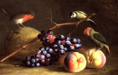 Three Birds with Peaches, Grapes and a Melon by Jakob Bogdani or Bogdany