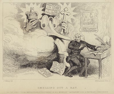 Smelling out a Rat: Welsh philosopher, nonconformist preacher and pamphleteer Richard Price startled by a giant bespectacled nose representing Edmund Burke catching him at work surrounded by evidence of sedition against the church and state by James (after) Gillray