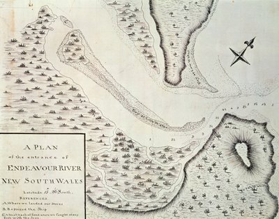 Map of entrance of Endeavour River, map from account of first trip led by James Cook between 1768 and 1771, Australia by James Cook
