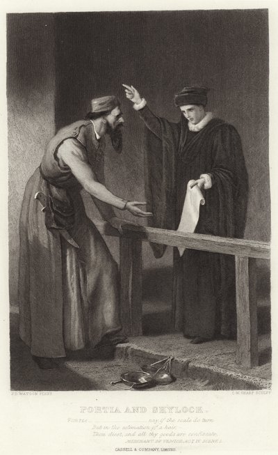Portia and Shylock, Merchant of Venice, Act IV, Scene I by James Dawson Watson
