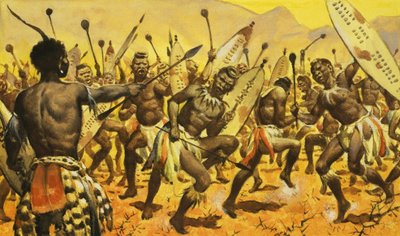 Zulu warriors being forced by Shaka to dance on thorny ground by James Edwin McConnell