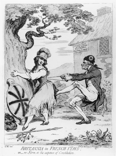 Britannia in French Stays, or Re-Form at the Expense of Constitution, published by Hannah Humphrey in 1793 by James Gillray