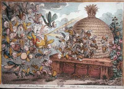 Broad Bottom Drones storming the Hive, Wasps, Hornets & Bumble-Bees joining in the Attack by James Gillray
