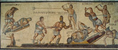 A Roman mosaic showing gladiators battling with various weapons by James L Stanfield