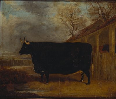 A Black Bull Standing by a Cowshed, an Extensive Landscape Beyond by James Pollard