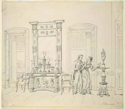 An English lady and gentleman in a drawing room, Calcutta, c.1830 by James Prinsep