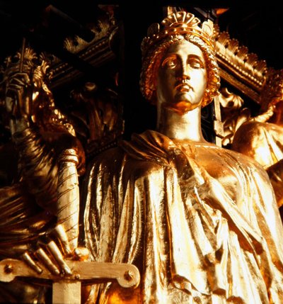 Justice, one of the four cardinal virtues from the canopy tower of the Albert Memorial, completed in 1876 by James Redfern