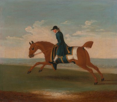 One of Four Portraits of Horses - a Chestnut Racehorse Exercised by a Trainer in a Blue Coat: Galloping to the Left, the Horse Wearing Blue Sweat Cover and Saddle-Cloth Edged with Gold by James Seymour