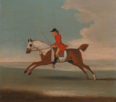 One of Four Portraits of Horses - a Chestnut Racehorse Exercised by a Trainer in a Red Coat: galloping to the left, the horse wearing white sweat covers on head, neck and body by James Seymour