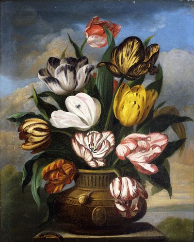 Tulips in a Vase, with a Caterpillar, a Snail, and a Fly, on a Plinth in a Landscape by James Sillett