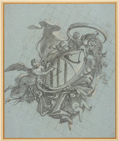 A coat of arms with a horn and three chains held up by an angel and two putti by James Thornhill