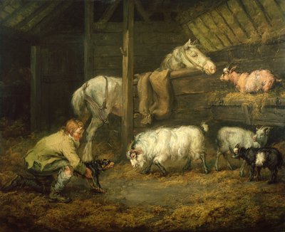 Young Boy and His Dog in a Stable with a Horse and Sheep by James Ward
