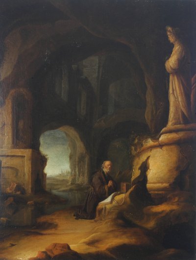 A Hermit at Prayer in a Grotto with Classical Ruins by Jan Adriansz van Staveren