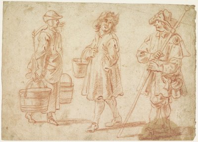 Three Sketches of a Woman with Yoke, Man with Bucket, and a Pilgrim by Jan Baptist Lambrechts