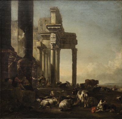 An Italianate Landscape with peasants, cattle and sheep by classical ruins by Jan Baptist Weenix