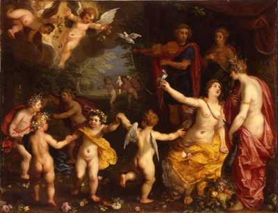Allegory of love: Venus holding a pair of tethered doves, with Ceres, Apollo and Diana, surrounded by dancing putti, in a landscape by Jan Brueghel the Elder