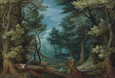 A Forest Landscape with Hunters Giving Chase to a Stag by Jan Brueghel the Elder