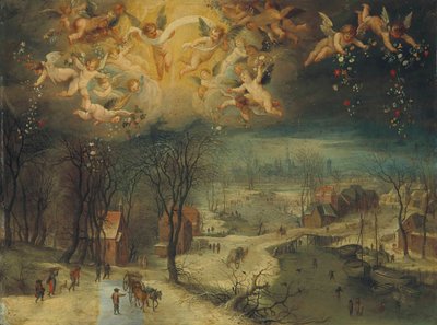 A winter landscape with villagers gathering wood and skaters on a frozen river by Jan Brueghel the Elder