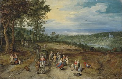 An Extensive Wooded Landscape with Travellers on a Track and Peasants Dancing in the Foreground by Jan Brueghel the Elder