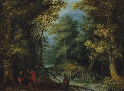 Hunters with Hounds by a Stream in a Wooded Landscape by Jan Brueghel the Elder