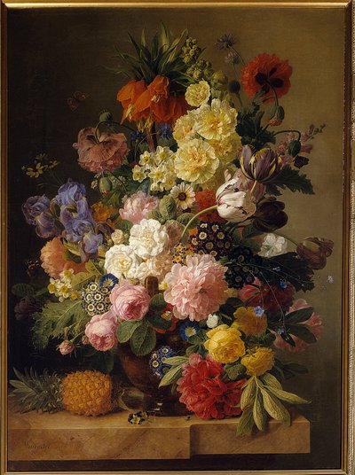 Flowers on a marble console with a pineapple by Jan Frans van Dael