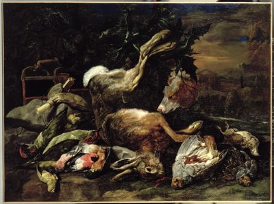 Still Life with a Hare, Song Birds and a Bird Net with a Spaniel Beyond by Jan Fyt