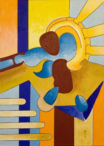 In bright sunlight, the Spirit of the House examines the new Home under Construction, 2007 by Jan Groneberg