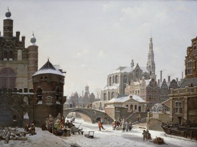 A Capriccio View of a Town with Figures on a Frozen Canal by Jan Hendrik Verheyen