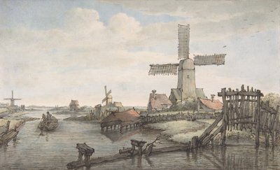View of a Canal with Three Windmills by Jan Hulswit