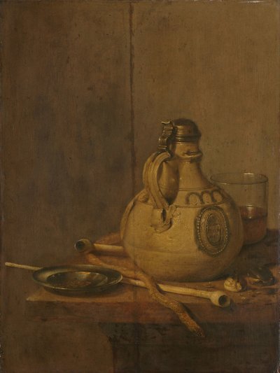 Still Life with Stoneware Jug and Pipes by Jan Jansz. Treck