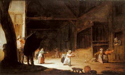 A Masquerader Scaring Children in a Barn by Jan Jansz van Buesem