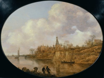 Three Fishermen Hauling a Net and Baskets on the Bank of a River Landscape with a Castle and Village in the Distance by Jan Josephsz van Goyen