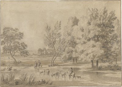 Landscape with Trees, Riders, and Some Cows in a Watering Place by Jan Laurensz. van der Vinne