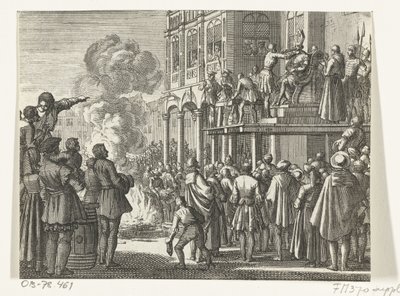 Jacob van Campen with Mitre on Head on the Scaffold in Amsterdam, 1535 by Jan Luyken