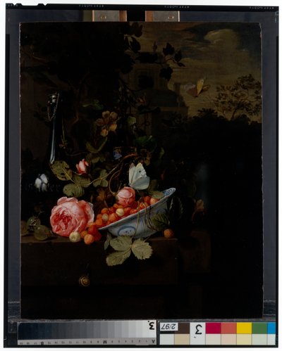 Still Life with a Bowl of Strawberries, a Rose and a Bottle on a Ledge, a Landscape Beyond by Jan Mortel