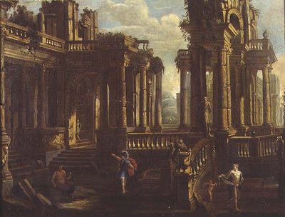 A capriccio of classical ruins with a warrior, a satyr and Cupid chasing a nymph by Jan Peeters