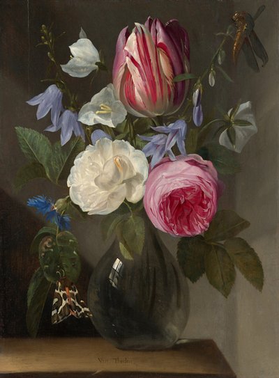 Roses and a Tulip in a Glass Vase by Jan Philips van Thielen