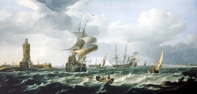 A River Estuary with Dutch Shipping in a Stiff Breeze by Jan Theunisz Blankerhoff