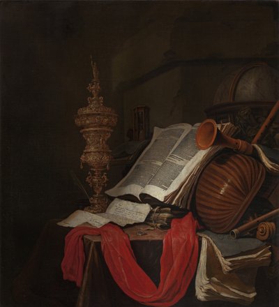 Still life with musical instruments and books Vanitas by Jan Vermeulen