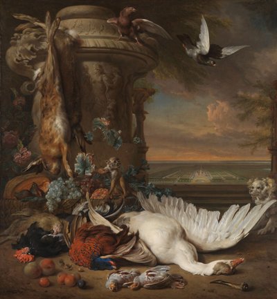 Hunting and Fruit Still Life next to a Garden Vase, with a Monkey, Dog and two Doves, in the distance Rijksdorp near Wassenaar, Seat of Jacob Emmery, Baron of Wassenaar by Jan Baptist Weenix