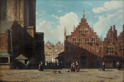 A Sunlit View of the Grote Markt with the St. Bavo Church and the Vleeshal, Haarlem by Jan Weissenbruch