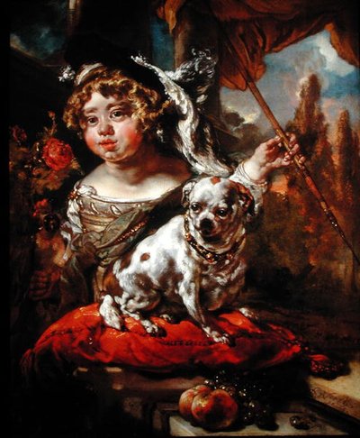 A Portrait of a Boy Wearing a Plumed Hat, Holding a Falcon and Spear, with a Pug Seated Before Him by Jan or Joan van Noordt