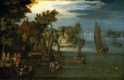 The Lively Bank of a River, with Dutch Boats and Passengers Boarding a Shuttle Boat for the Crossing by Jan the Elder (circle of) Brueghel