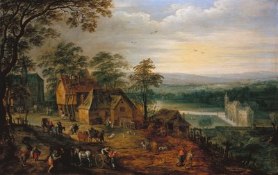 Village Street with Figures and Carts, a Moated Castle in the Background by Jan Brueghel the Younger