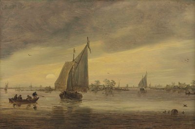 Sunrise over the Haarlemmermeer with a Schmalship and Other Boats by Jan van Goyen