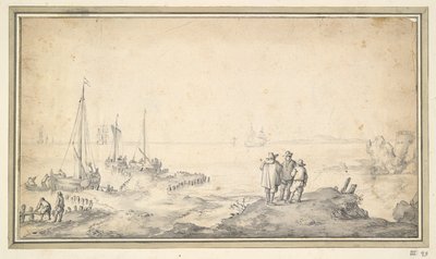 Three Figures on a Dune Overlooking Bay with Ships by Jan van Goyen
